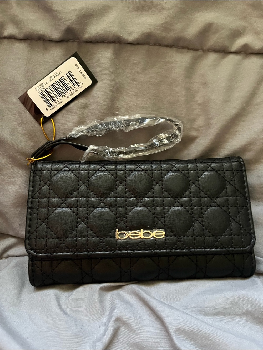 bebe Black Quilted Wristlet Clutch with Gold Logo